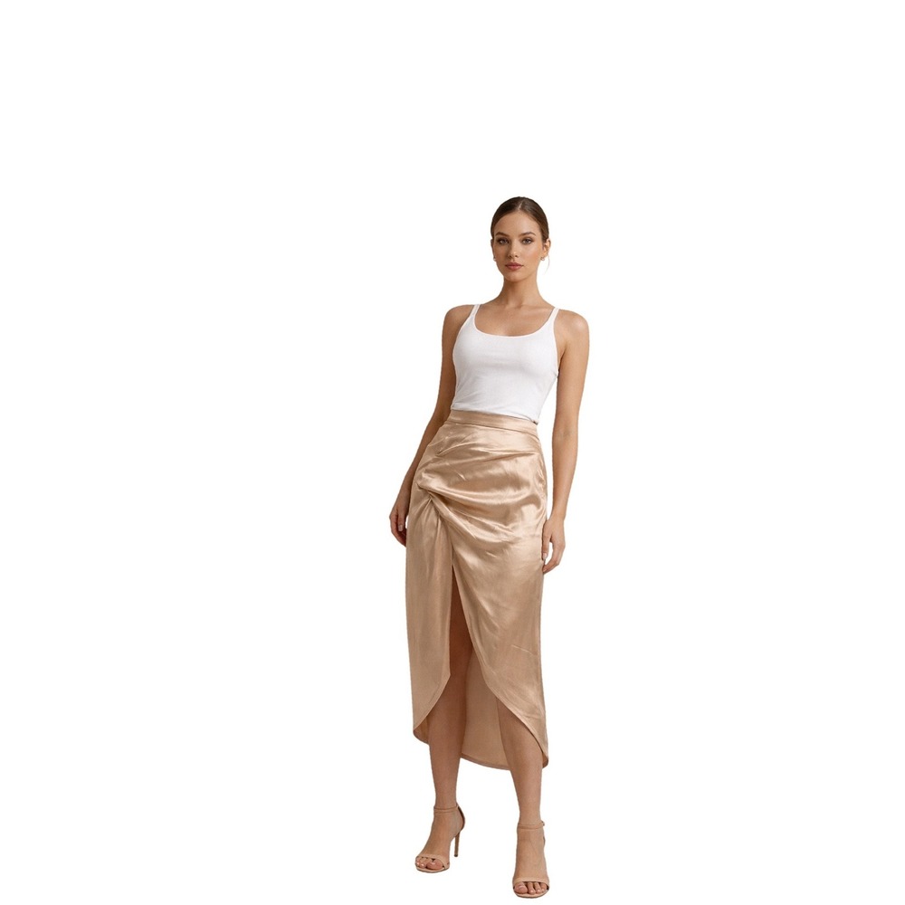 Champagne Satin Draped Tulip Wrap Midi Skirt High Waisted Cocktail Formal Luxe